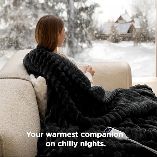 Image of Bedsure Heated Blanket Electric Throw - Thick Striped Flannel Electric Blanket, Heating with 4 Time Settings, 6 Heat Settings, and 3-Hour Timer Auto Shut Off, Gift for Grandma (50x60 inches, Black)