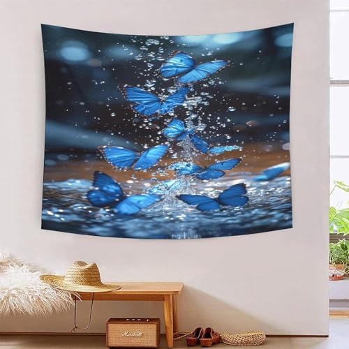 Tapisserie murale papillons bleus 3D pour décorer un salon cocooning 180x230cm