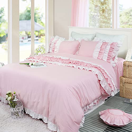 Softta Vintage Girls Bedding Set 100% Cotton Queen Size 3Pcs Duvet Cover Set Multi Ruffles w Lace Patchwork 600 Thread Count Pink Korean Princess Bedding Collection
