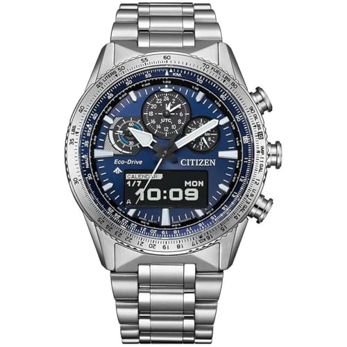 CITIZEN Promaster Sky Pilot JV2000-51L – Reloj Eco-Drive U830 Hombre Acero Inoxidable, Esfera Azul, Multifunción, 20 ATM