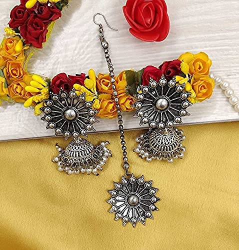JD'Z COLLECTION Traditional Fashion Jewelry Earrings Wedding Wear Jhumka, Indian Bollywood Stylish Jhumka Oxidized Mangtika Jhumki Tribal Earring Set For Women earring sets for women, Jewelry Gift For Womens2