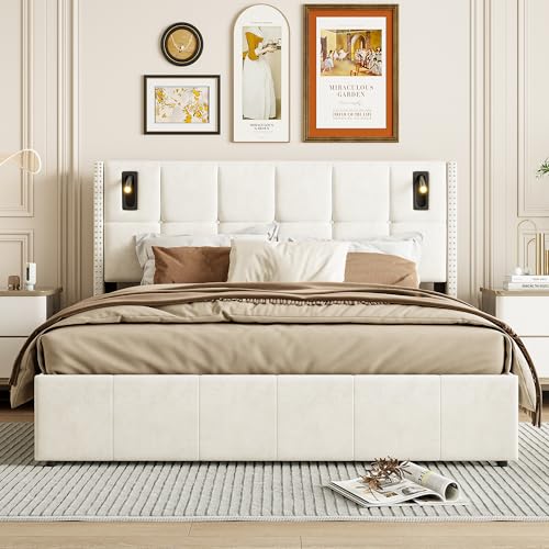 Caluself Lit double rembourré avec tête de lit à ailes et rivets en laiton, réglage pneumatique, 160 × 200 cm, tissu velours beige