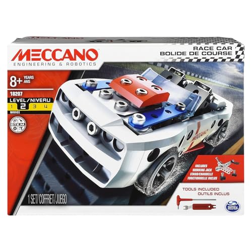 Meccano Engineering & Robotics Race Car Building Kit STEM Construction Set with Metal Parts Working Jack and Tools Included Ages 8+ Level 2 Model 18207
