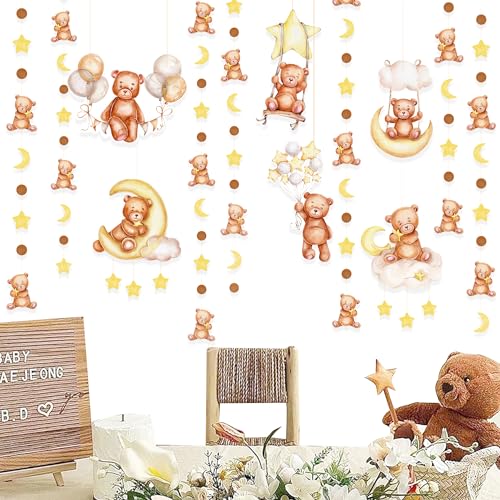 Image of Teddy Bear Party Decorations Cream Tan Brown Boho Star Moon Bear Hanging Cutout Garland Streamer for We Can Bearly Wait Birthday Party Supplies Home Wall Ceiling Decor