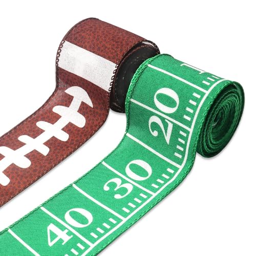 Estivaux 2 Rolls Football Ribbons for Crafting, Football Wired Edge Ribbon Green Brown Burlap Ribbon Bow Sports Rolls Ball Wired Ribbons for Gift Wrapping Sports Ball Game Sewing DIY Crafts Supplies