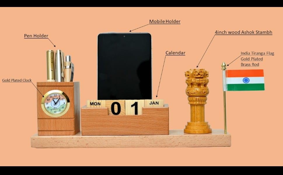 Image of Vrundavan Wood Art Wooden Desk Organizer with Pen Stand, Mobile Holder Flag Ashoka Pillar Clock & Calendar Personalized Office Accessory for IAS Advocates Corporate & Office Gifts Brown