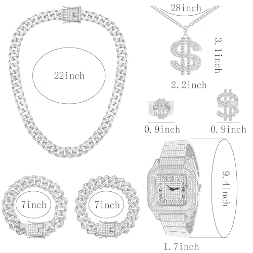 NEWITIN 7 Pieces Silver Jewelry Set for Men Diamond Watch Necklace Bracelets Stainless Steel Cubic Zirconia Cuban Jewels Bling Dollar Necklace Rings Hip Hop Jewelry Set for Men Women2