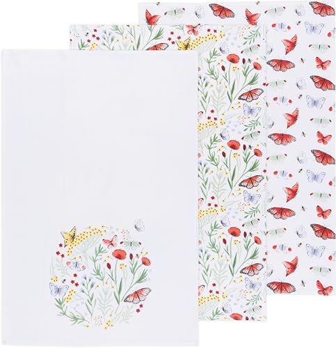 Image of Now Designs Kitchen Towels Set /3 Assorted, Morning Meadow Butterfly, W20 x L30in, Absorbent Dish Cloths
