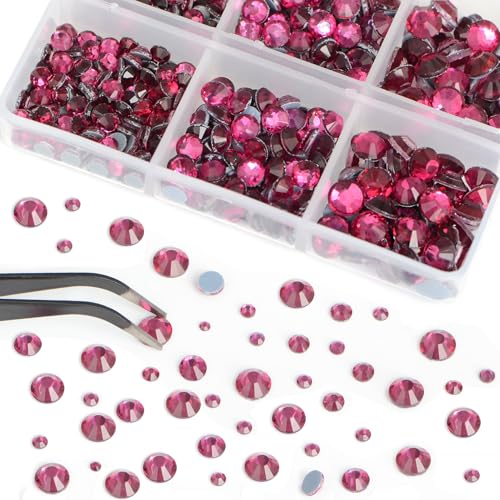 Image of Bymitel Hotfix Crystal Rhinestones Round Gems for Crafts,Mixed 6 Sizes with Wax Pencil Kit, Fuchsia 1.6-6.3mm SS4-SS30 /8000pcs