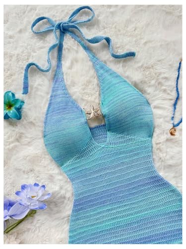 Image of GORGLITTER Women's Vacation Outfit Crochet Halter Knit Bubble Mini Dress Sexy Beach Cruise Summer Miami Resort Outfits