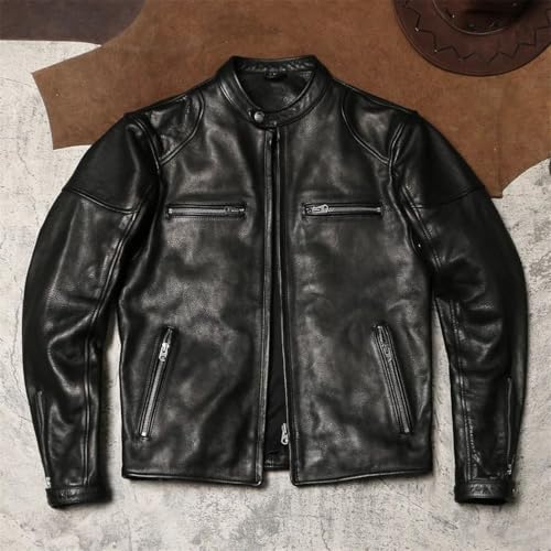 Men's Leather Jacket, Stand Collar, 1.4mm Wax Dyed Cowhide, Biker Suit2