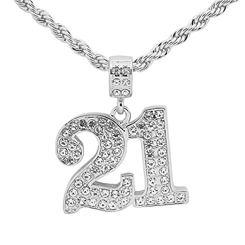 White Gold-Tone Bling Hip Hop Pave Stones Lucky Charm Number 21 Pendant