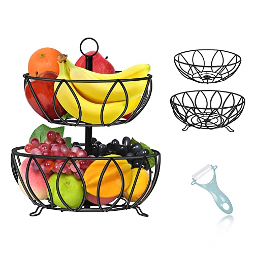 Klvied 2 Tier Fruit Basket for Kitchen, Fruit Bowl for Kitchen Counter, Vegetable Basket Fruit Holder for Countertop, Fruit Peeler with Produce Basket for Kitchen, Detachable Fruit Storage for Kitchen