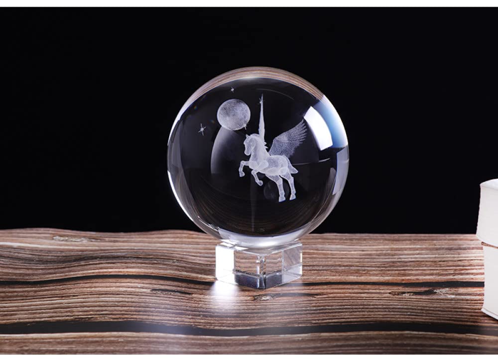 VVW&LIU Bola de Cristal de Pegaso en Miniatura grabada en 3D de 80mm, Esfera Artesanal de Cristal, Adorno de decoraci¨®n del hogar, Regalo de Cumplea?os, con Base Dorada de 80mm