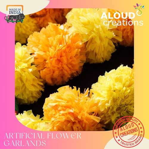 Image of ALOUD CREATIONS 5Pc Handmade Artificial Marigold Flowers with Bell Hanging | Latkan Toran for Home, Office, Festival, Pooja Room | Artificial Flower Backdrop for Decoration | 5 Feet Length (60 inch)