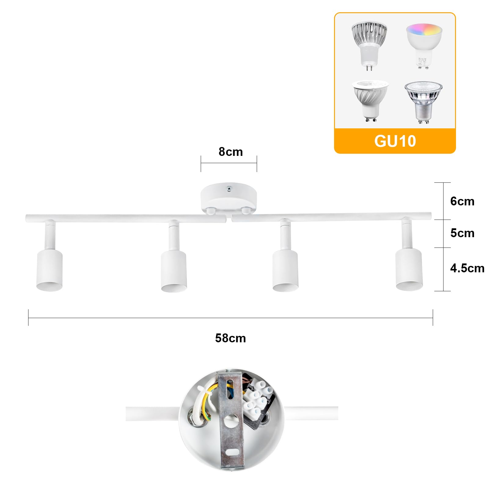 Dougelec Lampa sufitowa 4 reflektory LED obrotowe GU10, oświetlenie sufitowe, lampa sufitowa, lampa punktowa, nowoczesne wnętrze, do kuchni, salonu, sypialni 230 V, biały bez żarówki