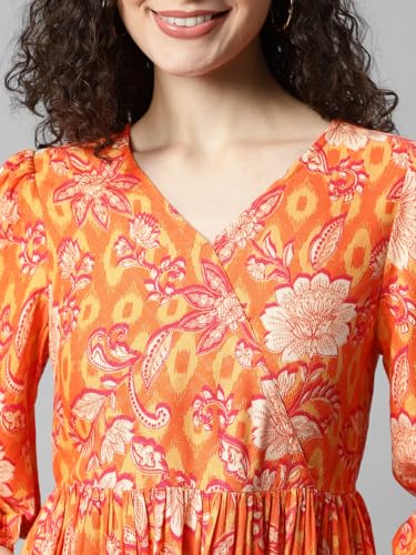 Image of DEEBACO Women's Floral Print Rayon Top & Pants Co Ord Set for Women V Neck 3 /4 Puff Sleeve Ladies Party Casual Wear Fashionable for Girls Loose Fit Cord Set (DBCOMR00000978 M Orange)
