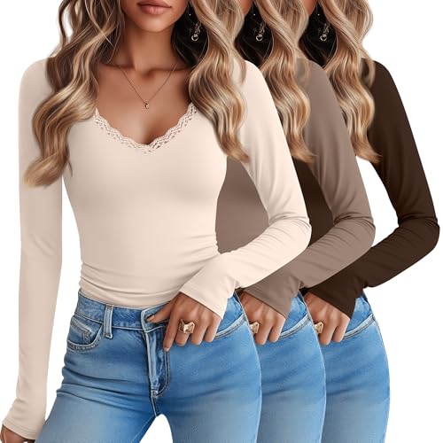 Huukeay 3 Pack Women's Lace Long Sleeve T-Shirts V Neck Modal Basic Tees Slim Fit Casual Sexy Fall Layering Y2k Going Out Top