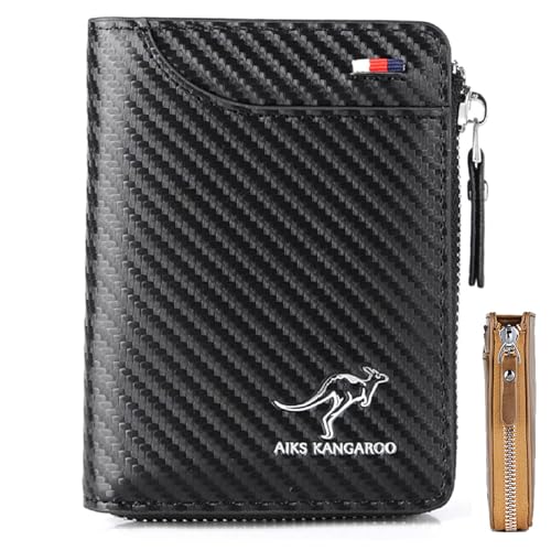 Men Wallet Zipper Purse (RFID PROTECTED) - Aiks Kangaroo Wallets, RFID Blocking Leather Wallet Credit Card ID Holder Zipper Purse Waterproof (Fiber Black)