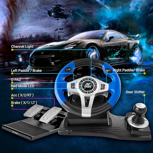 Image of Ant Esports GW185 Racing Wheel 270 Degree Universal USB Powered Car Sim Game Steering Wheel with Gear Shifter and Pedals for PC,Xbox One, PS3, PS4, Switch, Android TV Black Blue