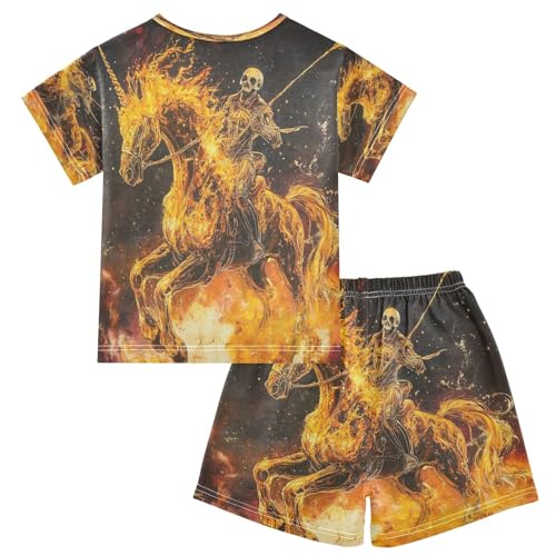 ALAZA Fantasy Unicorn Sugar Skull Fire Pajamas Set Short Sleeve Cotton Sleepwear Summer Pjs 2 Piece 5-14Y2