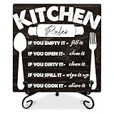 Kitchen Rules Rustic Wooden Sign With Metal Stand - 5' Wooden Plaque Tabletop Decor - Vintage Farmhouse Wood Sign Gifts For Chef Friends Family - Home Restaurant Desk Decor Favors & Supplies-C01