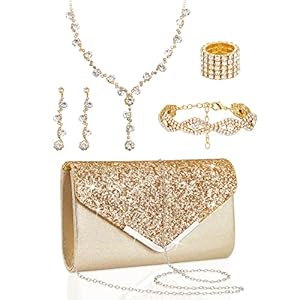 Henoyso 5 Pcs Purse Rhinestone Jewelry Set Prom Jewelry Rhinestone Clutch Purse Necklace Earrings Bracelets for Women Bride