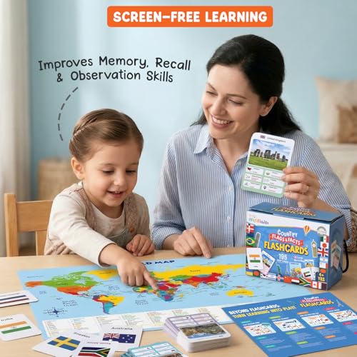 Image of Intelliskills Premium 195 Country Flags & Facts Flashcards with Large World Map for Kids, World Flags Learning Set for Boys & Girls, Fun Geography & Culture Study, Double-Sided, Ideal for Gifting