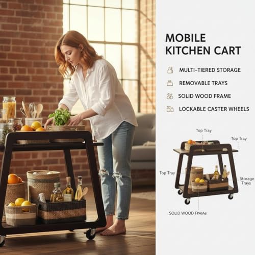 Image of Multipurpose Wood Trolley Storage Organiser with 2 Layers for Kitchen Supplies, Fruits, Vegetables, Onions, Cutlery, Trapezoid-Shaped Kitchen Storage Rack, Black Natural Color