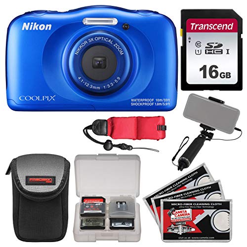 Nikon Coolpix W100 Wi-Fi Shock & Waterproof Digital Camera (Blue) with 16GB Card + Case + Selfie Stick + Float Strap + Kit