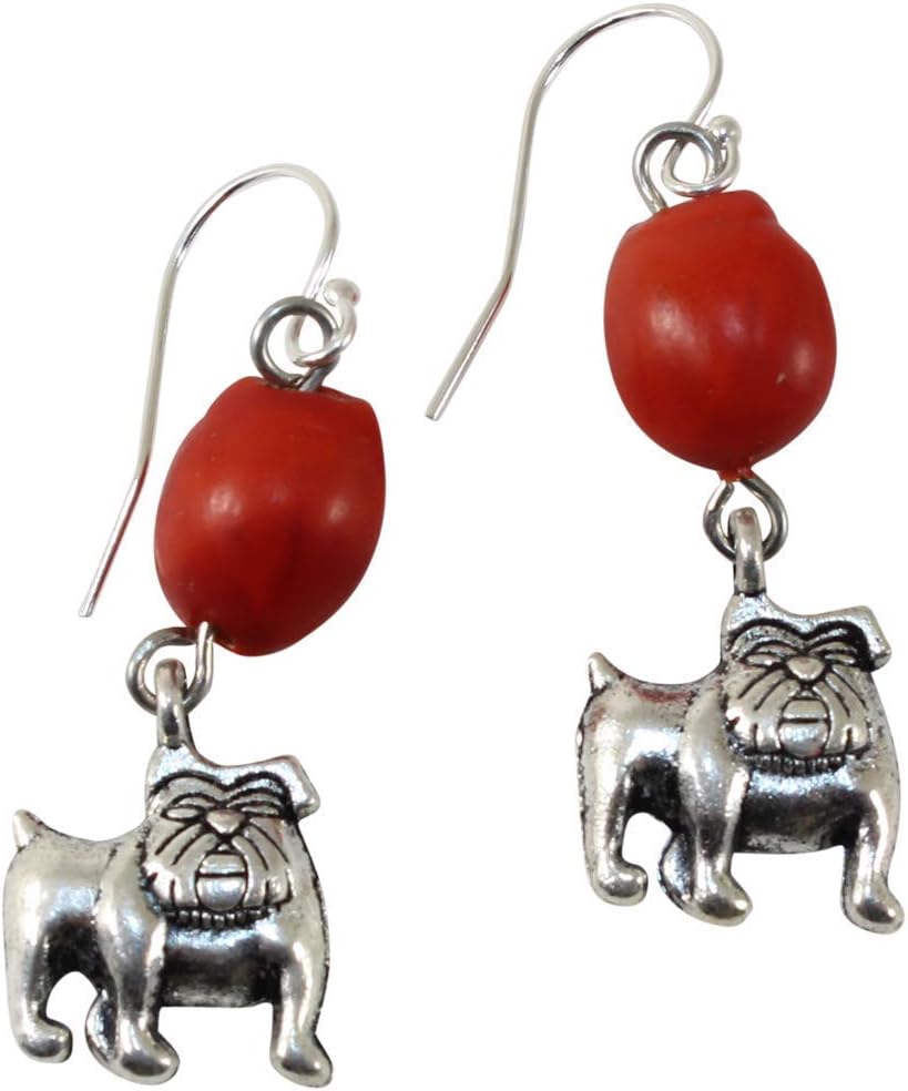 Atlanta Bulldog Silver Charm "Symbol of Determination & Courage" Dangle Handmade Earrings for Women w/Meaningful Peruvian Good Luck Huayruro Red Seed-Gifts for Mom, Daughter, Sister, Aunt