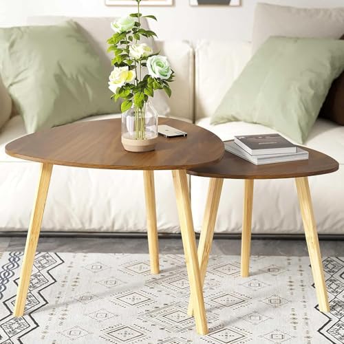 Image of Modern Wooden Nesting Side Table Set of 2 for Living Room | Space Saving Sofa Side Table | Bedside End Table | Multipurpose Accent Tables for Home Bedroom Office (Brown, Nesting)
