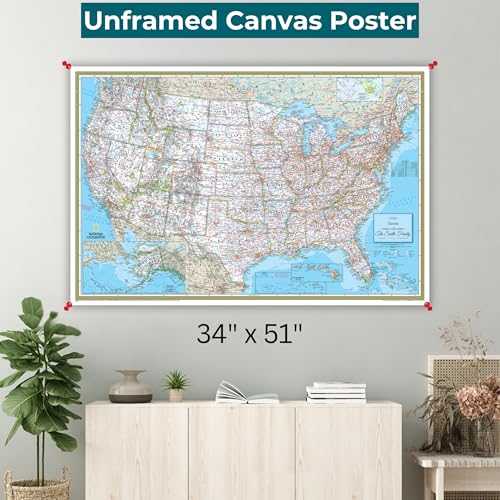 Image of National Geographic Classic United States Map Poster with Pins - Personalized Canvas Travel Tracker Map - Extra Large 34 inch x 51 inch