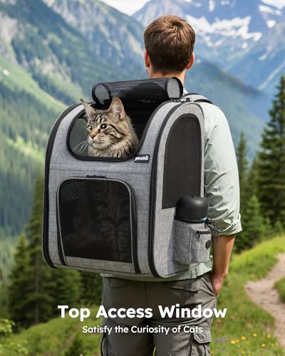 pecute Haustier Rucksack mit Netzfenster XL für 6-10 kg, Tragbare und Faltbare Katzentasche, Atmungsaktive und Leichte Hundetasche, Wasserdichtes Oxford-Tuch mit Viel Platz, Multifunktionales Grau