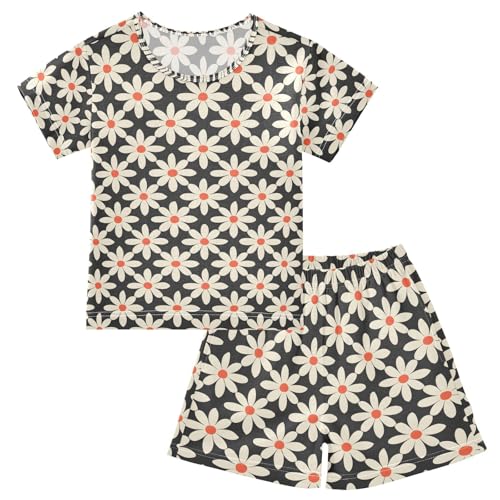 ALAZA Flower Blossom Daisy Black Pajamas Set Short Sleeve Cotton Sleepwear Summer Pjs 2 Piece 5-14Y