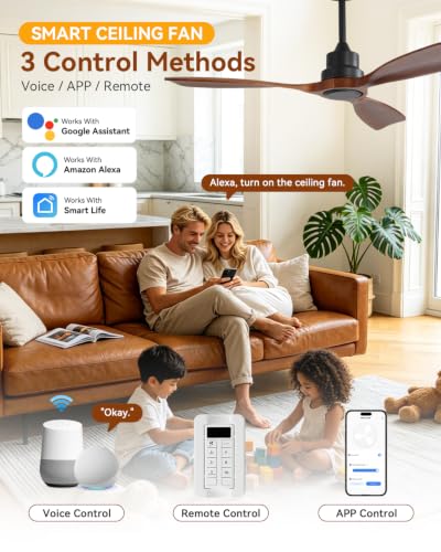 Image of Sofucor 48 Inch Smart Wood Ceiling Fan No Light, Alexa /App /Remote Control