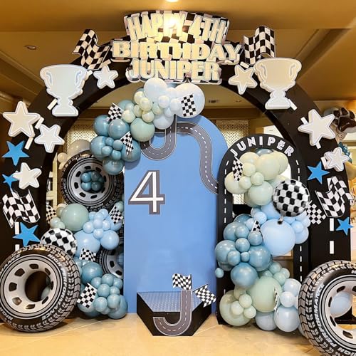 Image of Race Car Balloons Garland Arch Kit, Dusty Blue Balloons Green Black Balloon Pale Blue Metallic Silver Balloon Arch Kit with Checkered Foil Balloon for Car Fast Birthday Baby Shower Party Decorations