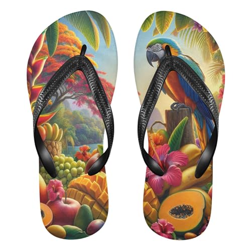 Burbuja Tropical Fruits Flowers Parrot Flip Flops for Women Men, Soft Thong Sandals Rubber Slippers for Pool Beach Essentials