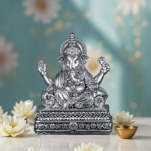 Image of Artarium Brass Vighnaharta Lord Ganesha Statue Car Dashboard (Height 4 inch), Small Ganpati ji Murti for Car Accessories, Home Decor, Office Gifting and Pooja Room (Silver Finish)