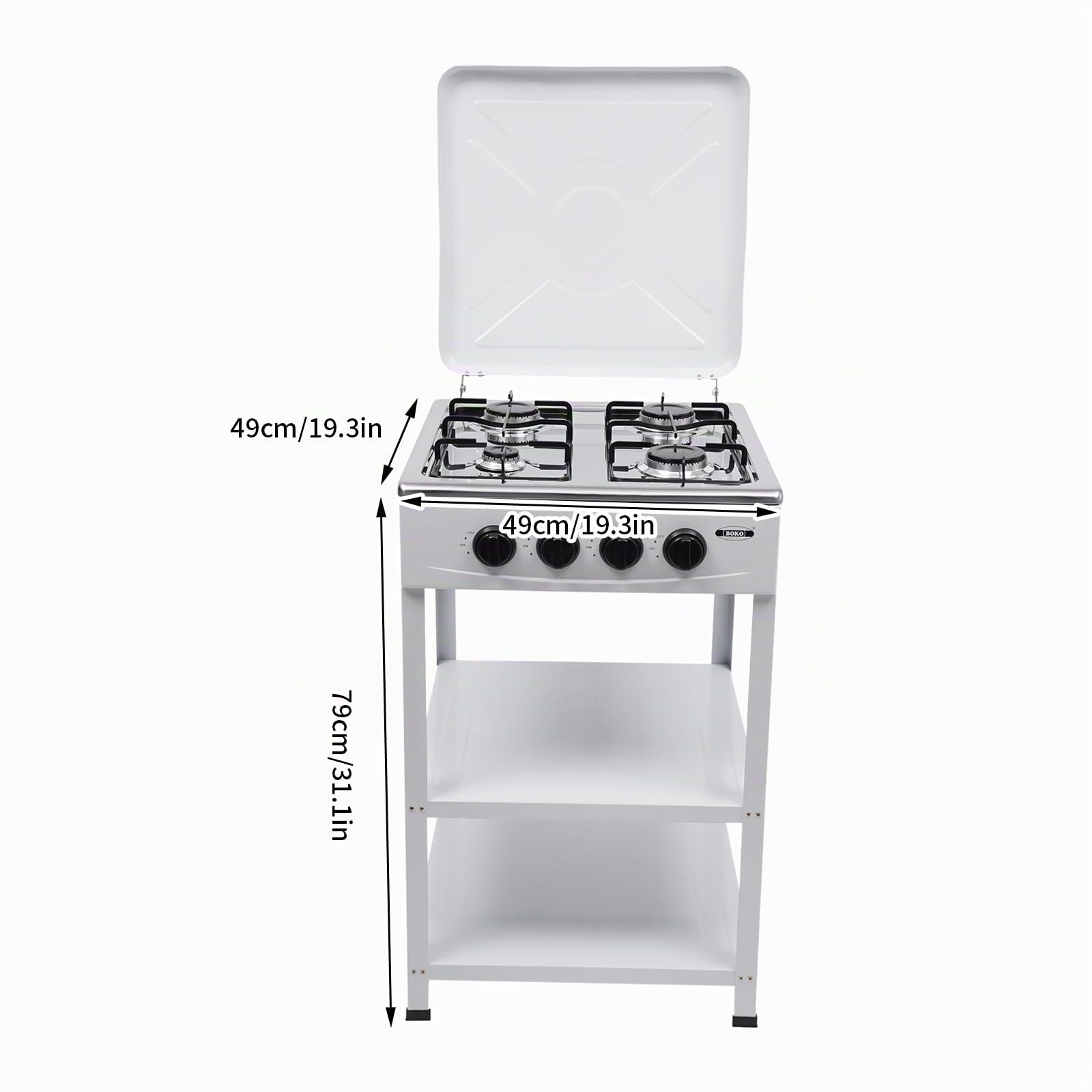 Cocina de gas de 4 fuegos, placa de gas para propano y gas natural, 49 x 49 cm, cocina de gas independiente con estante, cocina exterior y hogar, blanco con protección contra el viento, encendido