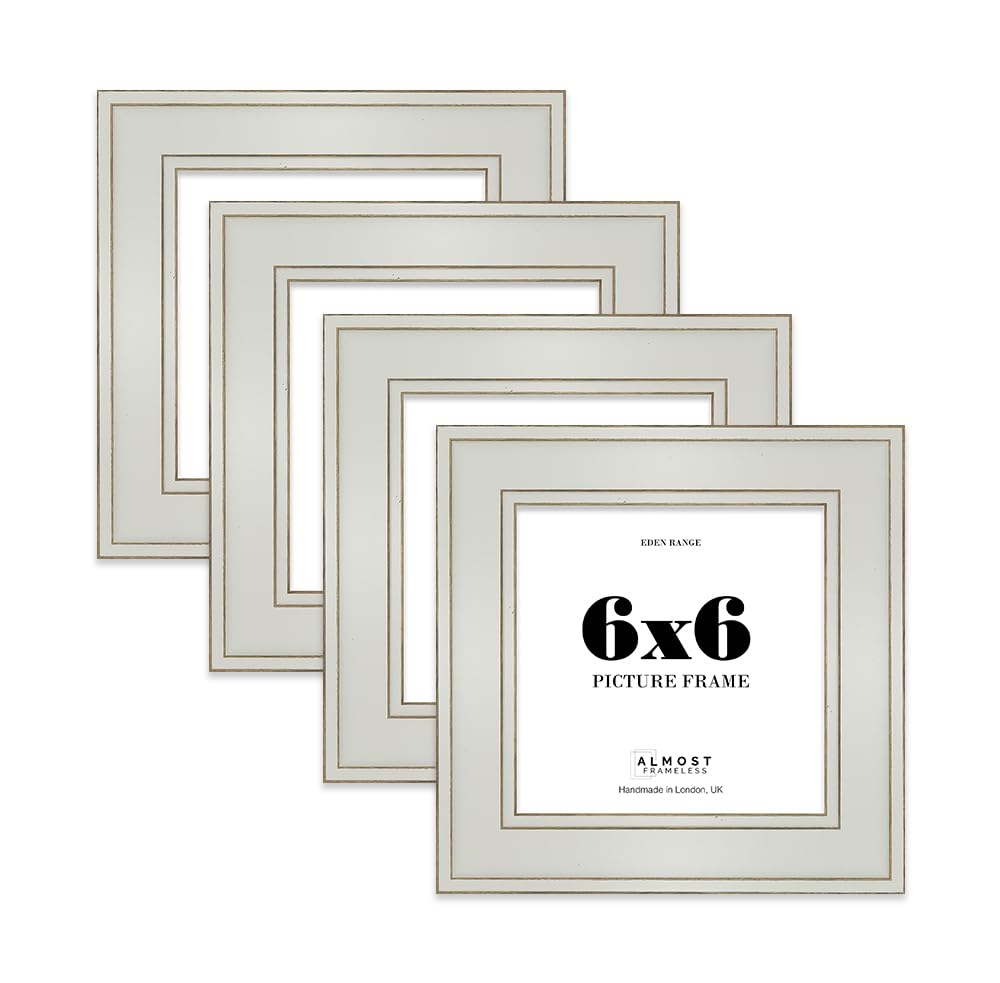 6x6 Light Grey Picture Frame - Shabby Chic Photo Frame with Distressed Finish, Gold Trim, Wall Hooks and Kickstand, 37mm Edge - 4 Pack