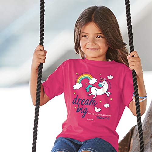 Image of Kerusso Dream Big with God All Things are Possible Unicorn Rainbow Pink Cotton Kids' Crew Neck T-Shirt