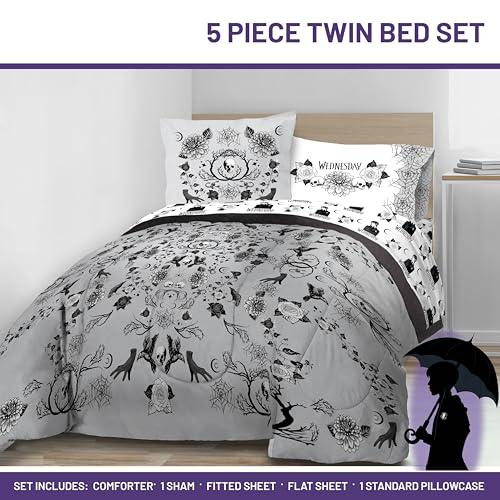 Image of Wednesday Addams Twin Comforter Set 5 Piece Floral Bedding for Girls, Gray