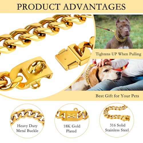 BAOBOTE Goldfarbenes Hundehalsband, 23 mm, mit kubanischem Glieder-Hundehalsband, robustes Trainingshalsband, kaufest für mittelgroße Hunde (45,7 cm, Gold)