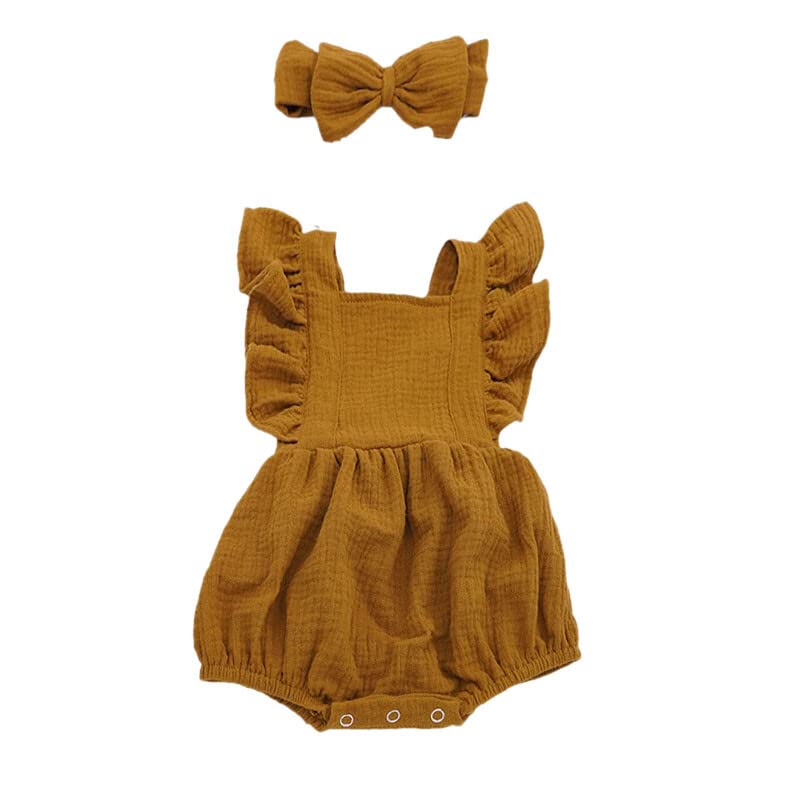 Image of HDLEXD Newborn Baby Girls Cotton Linen Romper Set Ruffle Sleeveless Bodysuits Jumpsuit Summer Clothes with Headband