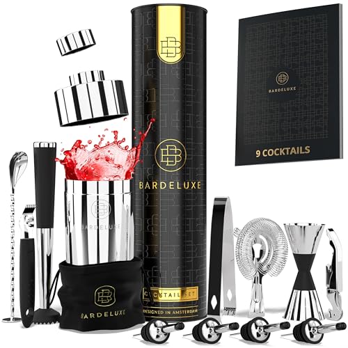BarDeluxe® Kit de Cocteleria de 12 Piezas, Set de Cocteleria | Set Cocteleria Profesional, Juego de Coctelera, Cocktail Kit | Coctelera 750 ml, Coctelería Kit | Elegante Caja de Regalo, Bolsa (Plata)