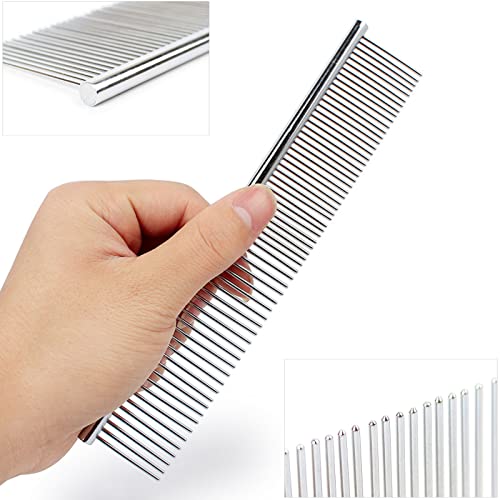 lumcov Hundekämme 2-in-1 Edelstahl Haustier Kamm,Haustier Stahlkamm mit abgerundeten Enden Edelstahlzähne,zum Entfernen von Verwicklungen und Knoten(6.7inch) Silver
