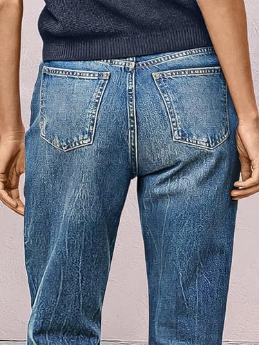 Flamingals Straight Leg Jeans for Women Mid Rise Casual Cropped Slim Fit Raw Hem Wash Detail Denim Pants3