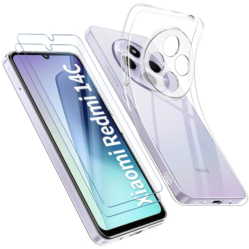Qasyfanc Funda Compatible con Xiaomi Redmi 14C / Xiaomi Poco C75 Carcasa con Protección de La Cámara y 2 Piezas Cristal Templado, Funda Redmi 14C Silicona Suave Caso Delgada, Transparent