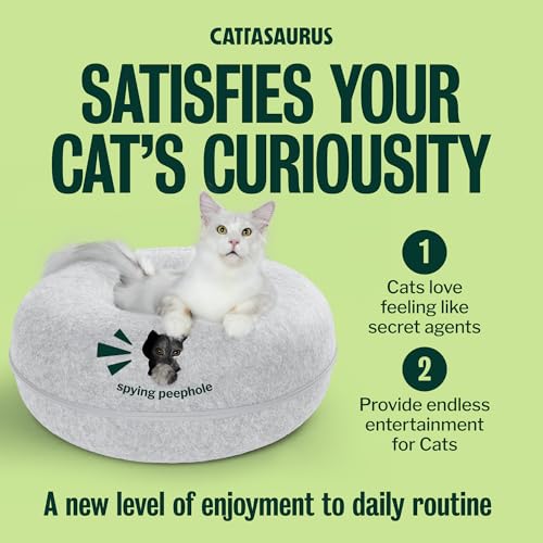Image of Cattasaurus Peekaboo Cat Cave Donut for Multiple & Large Cats up to 30-45 lbs, 3-in-1 Self Warming Cat Bed, Tunnel & Scratcher for Indoor Cats, Washable & Detachable Small Dog Bed (Light Gray, Jumbo)